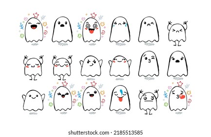 Set of Various Cartoon Ghosts with Emoticons. Doodle ghouls, eyes and mouth. Caricature comic expressive emotions, smiling, crying and surprised character face expressions. Isolated vector