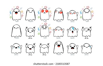 Set of Various Cartoon Ghosts with Emoticons. Doodle ghouls, eyes and mouth. Caricature comic expressive emotions, smiling, crying and surprised character face expressions. Isolated vector