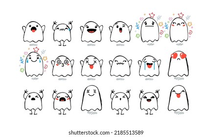 Set of Various Cartoon Ghosts with Emoticons. Doodle ghouls, eyes and mouth. Caricature comic expressive emotions, smiling, crying and surprised character face expressions. Isolated vector