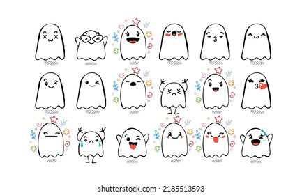 Set of Various Cartoon Ghosts with Emoticons. Doodle ghouls, eyes and mouth. Caricature comic expressive emotions, smiling, crying and surprised character face expressions. Isolated vector