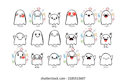Set of Various Cartoon Ghosts with Emoticons. Doodle ghouls, eyes and mouth. Caricature comic expressive emotions, smiling, crying and surprised character face expressions. Isolated vector