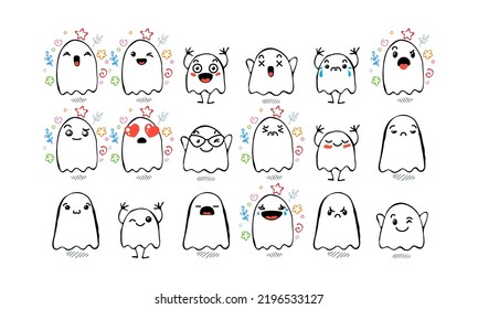 Set of Various Cartoon Ghosts with Emoticons. Doodle ghouls, eyes and mouth. Caricature comic expressive emotions, smiling, crying and surprised character face expressions. Isolated vector