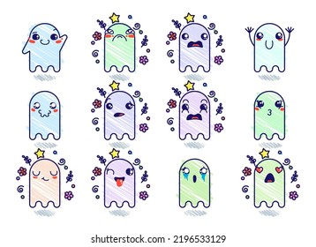 Set of Various Cartoon Ghosts with Emoticons. Doodle ghouls, eyes and mouth. Caricature comic expressive emotions, smiling, crying and surprised character face expressions. Isolated vector set