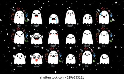Set of Various Cartoon Ghosts with Emoticons. Doodle ghouls, eyes and mouth. Caricature comic expressive emotions, smiling, crying and surprised character face expressions. Vector illustration icons
