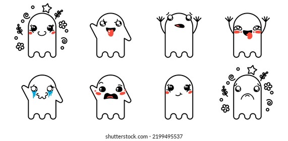 Set of Various Cartoon Ghosts with Emoticons. Doodle ghouls, eyes and mouth. Caricature comic expressive emotions, smiling, crying and surprised character face expressions. Isolated vector