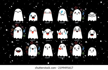 Set of Various Cartoon Ghosts with Emoticons. Doodle ghouls, eyes and mouth. Caricature comic expressive emotions, smiling, crying and surprised character face expressions. Vector illustration