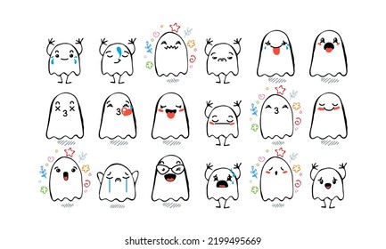 Set of Various Cartoon Ghosts with Emoticons. Doodle ghouls, eyes and mouth. Caricature comic expressive emotions, smiling, crying and surprised character face expressions. Isolated vector