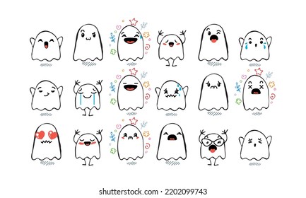Set of Various Cartoon Ghosts with Emoticons. Doodle ghouls, eyes and mouth. Caricature comic expressive emotions, smiling, crying and surprised character face expressions. Isolated vector