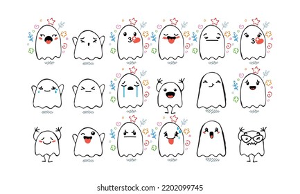 Set of Various Cartoon Ghosts with Emoticons. Doodle ghouls, eyes and mouth. Caricature comic expressive emotions, smiling, crying and surprised character face expressions. Isolated vector