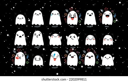 Set of Various Cartoon Ghosts with Emoticons. Doodle ghouls, eyes and mouth. Caricature comic expressive emotions, smiling, crying and surprised character face expressions. Vector illustration icons