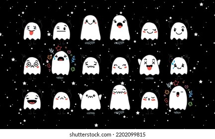 Set of Various Cartoon Ghosts with Emoticons. Doodle ghouls, eyes and mouth. Caricature comic expressive emotions, smiling, crying and surprised character face expressions. Vector illustration icons