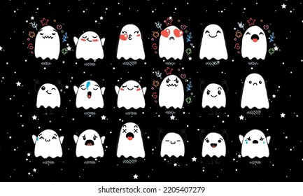 Set of Various Cartoon Ghosts with Emoticons. Doodle ghouls, eyes and mouth. Caricature comic expressive emotions, smiling, crying and surprised character face expressions. Vector illustration icons