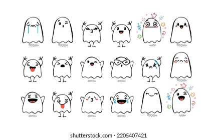 Set of Various Cartoon Ghosts with Emoticons. Doodle ghouls, eyes and mouth. Caricature comic expressive emotions, smiling, crying and surprised character face expressions. Isolated vector