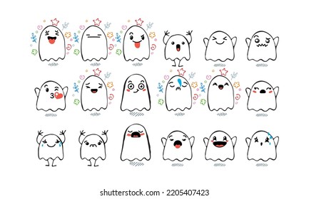 Set of Various Cartoon Ghosts with Emoticons. Doodle ghouls, eyes and mouth. Caricature comic expressive emotions, smiling, crying and surprised character face expressions. Isolated vector