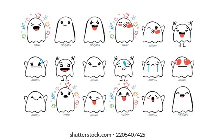 Set of Various Cartoon Ghosts with Emoticons. Doodle ghouls, eyes and mouth. Caricature comic expressive emotions, smiling, crying and surprised character face expressions. Isolated vector