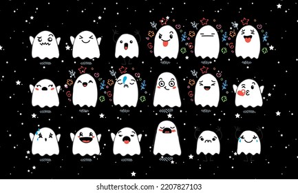 Set of Various Cartoon Ghosts with Emoticons. Doodle ghouls, eyes and mouth. Caricature comic expressive emotions, smiling, crying and surprised character face expressions. Vector illustration icons