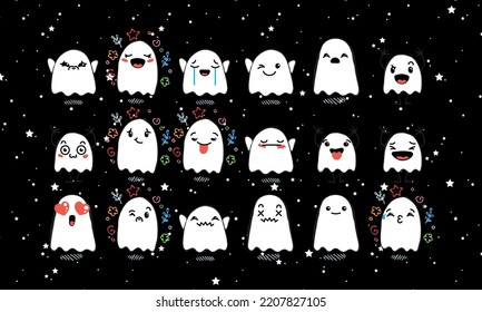 Set of Various Cartoon Ghosts with Emoticons. Doodle ghouls, eyes and mouth. Caricature comic expressive emotions, smiling, crying and surprised character face expressions. Vector illustration icons