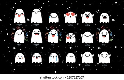 Set of Various Cartoon Ghosts with Emoticons. Doodle ghouls, eyes and mouth. Caricature comic expressive emotions, smiling, crying and surprised character face expressions. Vector illustration icons