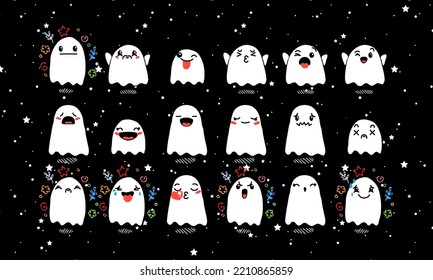 Set of Various Cartoon Ghosts with Emoticons. Doodle ghouls, eyes and mouth. Caricature comic expressive emotions, smiling, crying and surprised character face expressions. Vector illustration icons