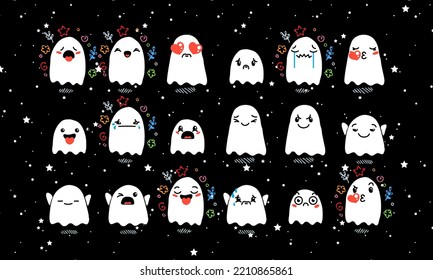 Set of Various Cartoon Ghosts with Emoticons. Doodle ghouls, eyes and mouth. Caricature comic expressive emotions, smiling, crying and surprised character face expressions. Vector illustration icons