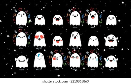 Set of Various Cartoon Ghosts with Emoticons. Doodle ghouls, eyes and mouth. Caricature comic expressive emotions, smiling, crying and surprised character face expressions. Vector illustration icons