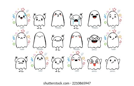 Set of Various Cartoon Ghosts with Emoticons. Doodle ghouls, eyes and mouth. Caricature comic expressive emotions, smiling, crying and surprised character face expressions. Isolated vector set