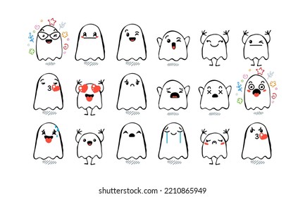 Set of Various Cartoon Ghosts with Emoticons. Doodle ghouls, eyes and mouth. Caricature comic expressive emotions, smiling, crying and surprised character face expressions. Isolated vector set
