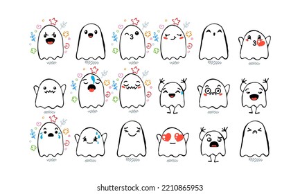Set of Various Cartoon Ghosts with Emoticons. Doodle ghouls, eyes and mouth. Caricature comic expressive emotions, smiling, crying and surprised character face expressions. Isolated vector set