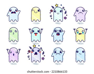 Set of Various Cartoon Ghosts with Emoticons. Doodle ghouls, eyes and mouth. Caricature comic expressive emotions, smiling, crying and surprised character face expressions