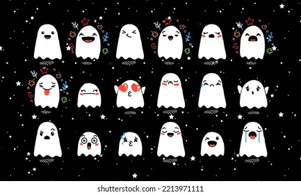 Set of Various Cartoon Ghosts with Emoticons. Doodle ghouls, eyes and mouth. Caricature comic expressive emotions, smiling, crying and surprised character face expressions. Vector illustration icons