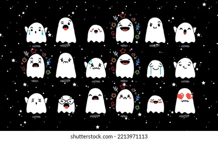 Set of Various Cartoon Ghosts with Emoticons. Doodle ghouls, eyes and mouth. Caricature comic expressive emotions, smiling, crying and surprised character face expressions. Vector illustration icons