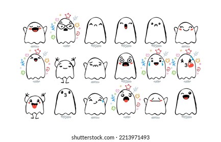 Set of Various Cartoon Ghosts with Emoticons. Doodle ghouls, eyes and mouth. Caricature comic expressive emotions, smiling, crying and surprised character face expressions. Isolated vector set