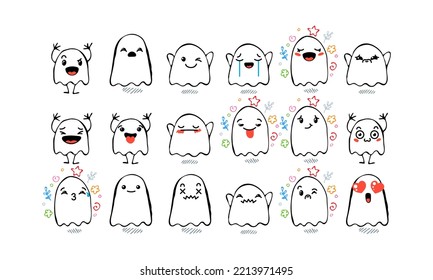 Set of Various Cartoon Ghosts with Emoticons. Doodle ghouls, eyes and mouth. Caricature comic expressive emotions, smiling, crying and surprised character face expressions. Isolated vector set
