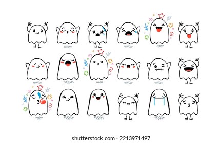 Set of Various Cartoon Ghosts with Emoticons. Doodle ghouls, eyes and mouth. Caricature comic expressive emotions, smiling, crying and surprised character face expressions. Isolated vector set