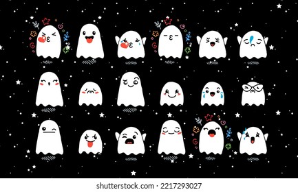 Set of Various Cartoon Ghosts with Emoticons. Doodle ghouls, eyes and mouth. Caricature comic expressive emotions, smiling, crying and surprised character face expressions. Vector illustration icons