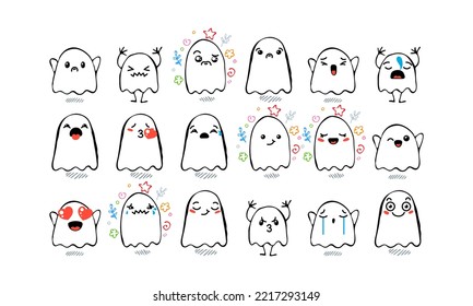 Set of Various Cartoon Ghosts with Emoticons. Doodle ghouls, eyes and mouth. Caricature comic expressive emotions, smiling, crying and surprised character face expressions. Isolated vector