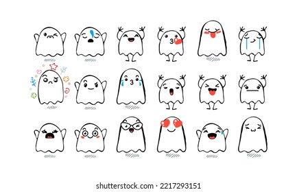 Set of Various Cartoon Ghosts with Emoticons. Doodle ghouls, eyes and mouth. Caricature comic expressive emotions, smiling, crying and surprised character face expressions. Isolated vector