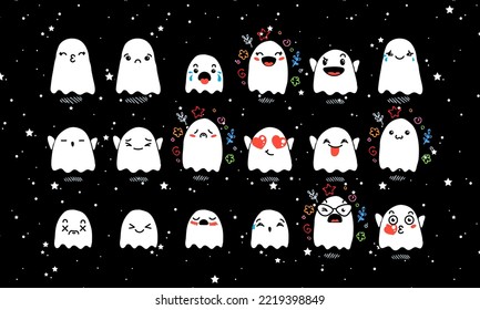 Set of Various Cartoon Ghosts with Emoticons. Doodle ghouls, eyes and mouth. Caricature comic expressive emotions, smiling, crying and surprised character face expressions. Vector illustration icons