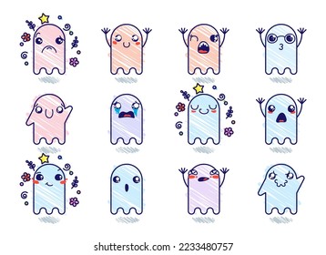 Set of Various Cartoon Ghosts with Emoticons. Doodle ghouls, eyes and mouth. Caricature comic expressive emotions, smiling, crying and surprised character face expressions. Isolated vector