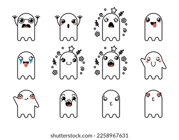 Set of Various Cartoon Ghosts with Emoticons. Doodle ghouls, eyes and mouth. Caricature comic expressive emotions, smiling, crying and surprised character face expressions. Isolated vector set
