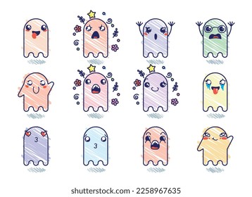 Set of Various Cartoon Ghosts with Emoticons. Doodle ghouls, eyes and mouth. Caricature comic expressive emotions, smiling, crying and surprised character face expressions. Isolated vector set