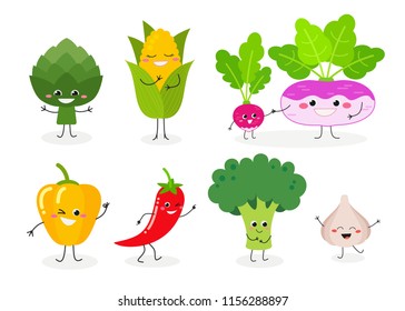 Set of various cartoon happy vegetables. Vector flat illustration isolated on white background