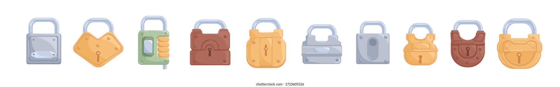 Set of various cartoon iron padlock vector graphic illustration. Collection of colorful security protection symbol isolated on white background. Colored lock with keyhole and code combination