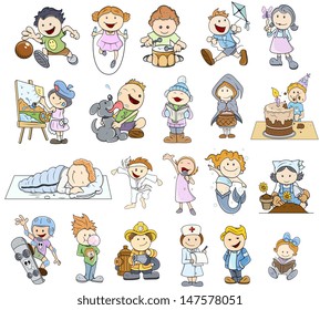 Set Of Various Cartoon Kids Illustrations