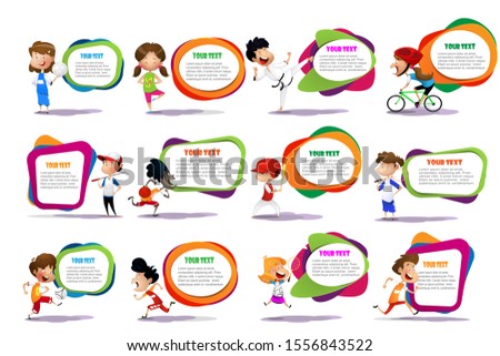Set of Various Cartoon Kids Illustrations. Many kids play different kind of sport. Vector