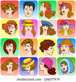Set of various cartoon male and female faces, vector illustration