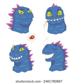 Set of various cartoon portraits of dinosaur