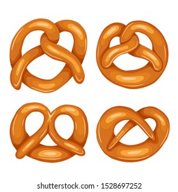 Set of various cartoon pretzels. Objects are separate from the background. German appetizer. Treats for the holidays. Bakery product. Vector object for articles, menus, cards and your creativity.