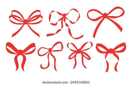 Set of various cartoon red bow knots, gift ribbons. Trendy hair braiding accessory. Hand drawn vector illustration.