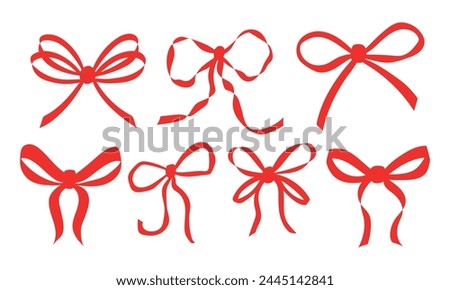 Set of various cartoon red bow knots, gift ribbons. Trendy hair braiding accessory. Hand drawn vector illustration.